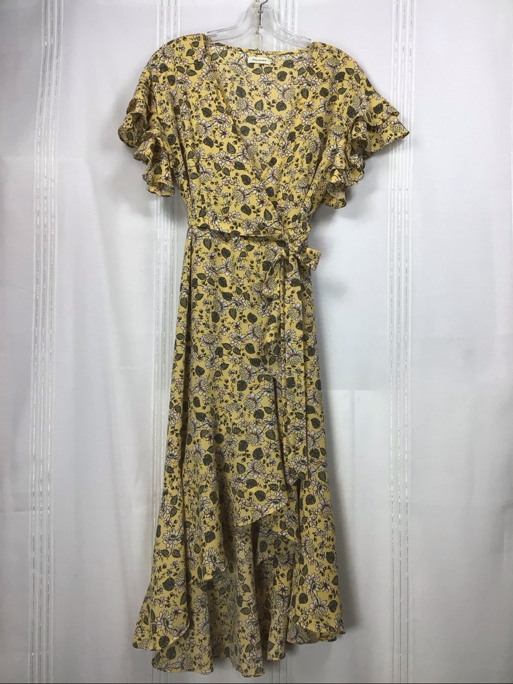 Max Studio Yellow Floral High-Low Flutter Sleeve Full Wrap Dress Sz.M - Picture 16 of 16